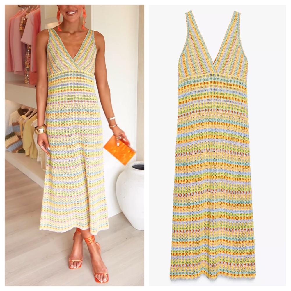 ZARA LONG COLORFUL CROCHET KNIT MAXI DRESS - SMALL - 3500/004